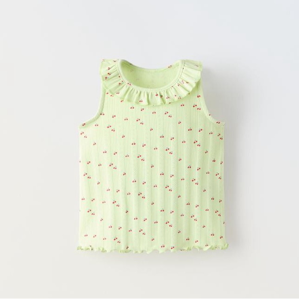 ZARA Kids | Strawberry Printed Open Knit Floral T-Shirt with Ruffles